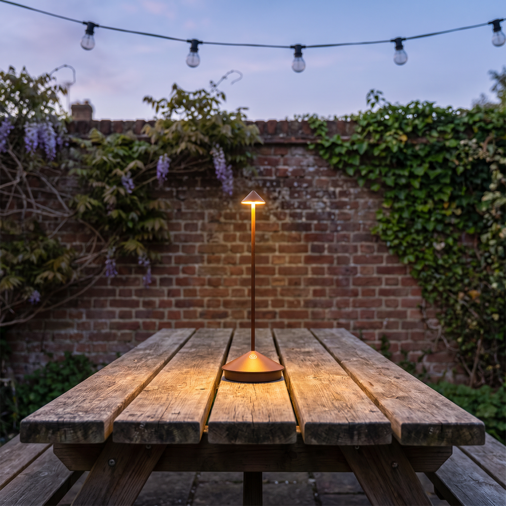 Lumia lamp on a beer garden table at dusk