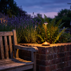 Lumia lamp on a garden wall after sunset