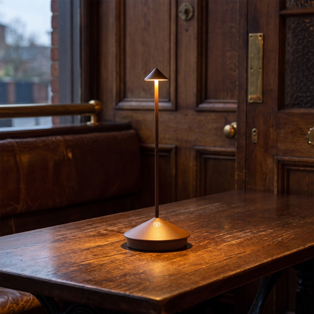 Lumia lamp lit on a pub table