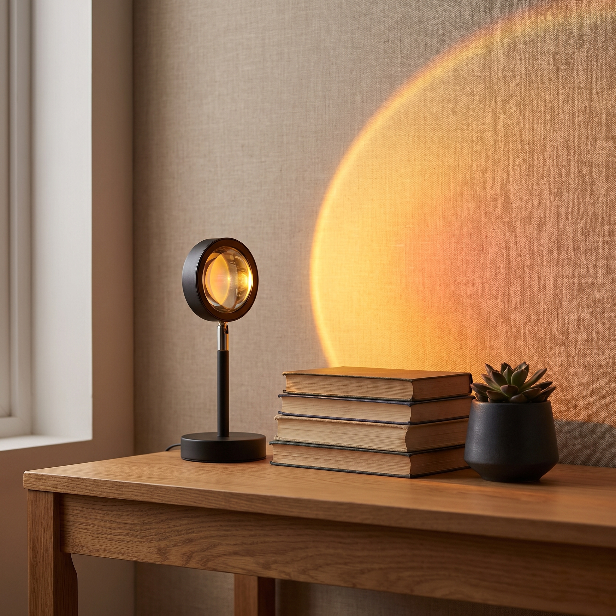 Solene on an oak desk beside books