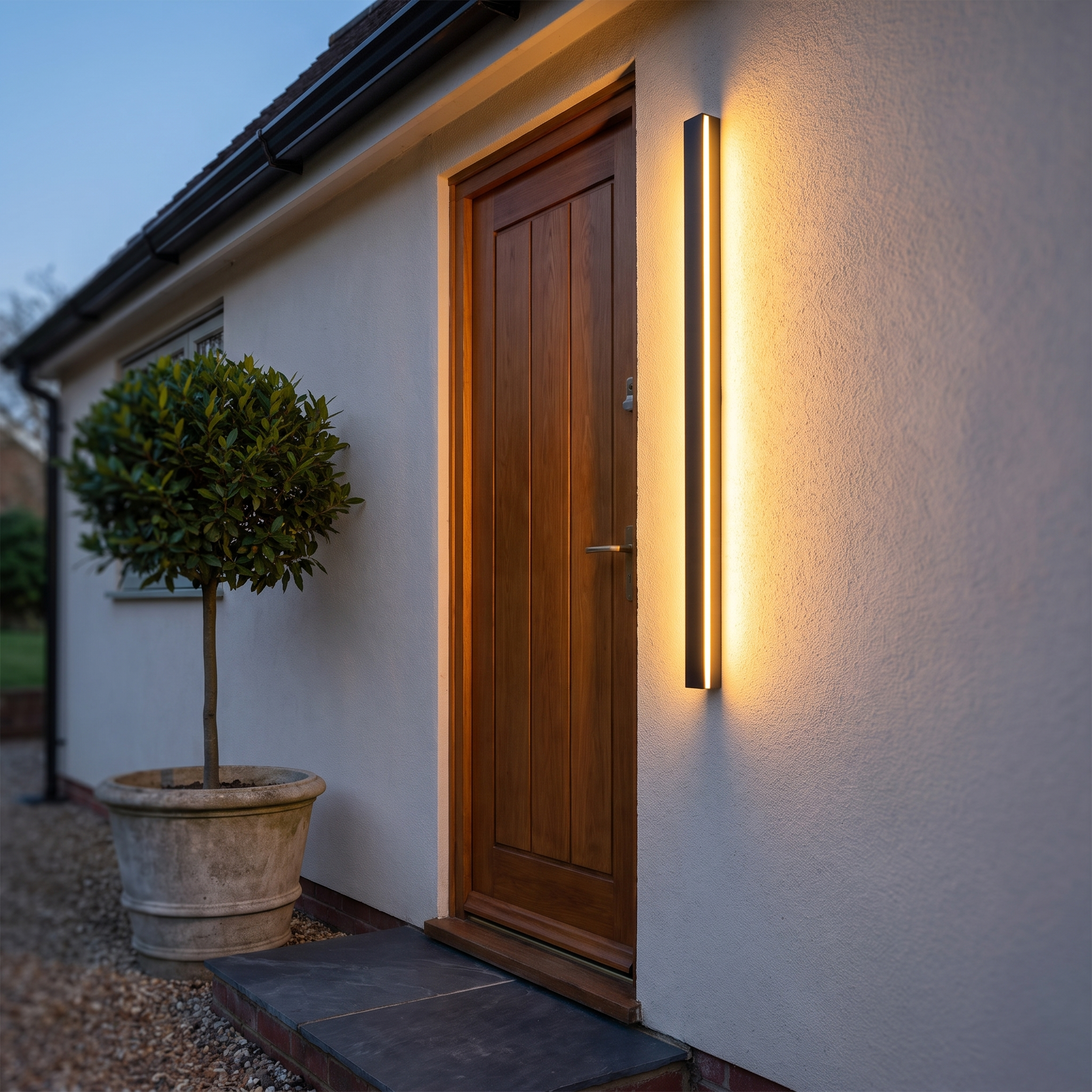 Nero lit beside a front door at dusk