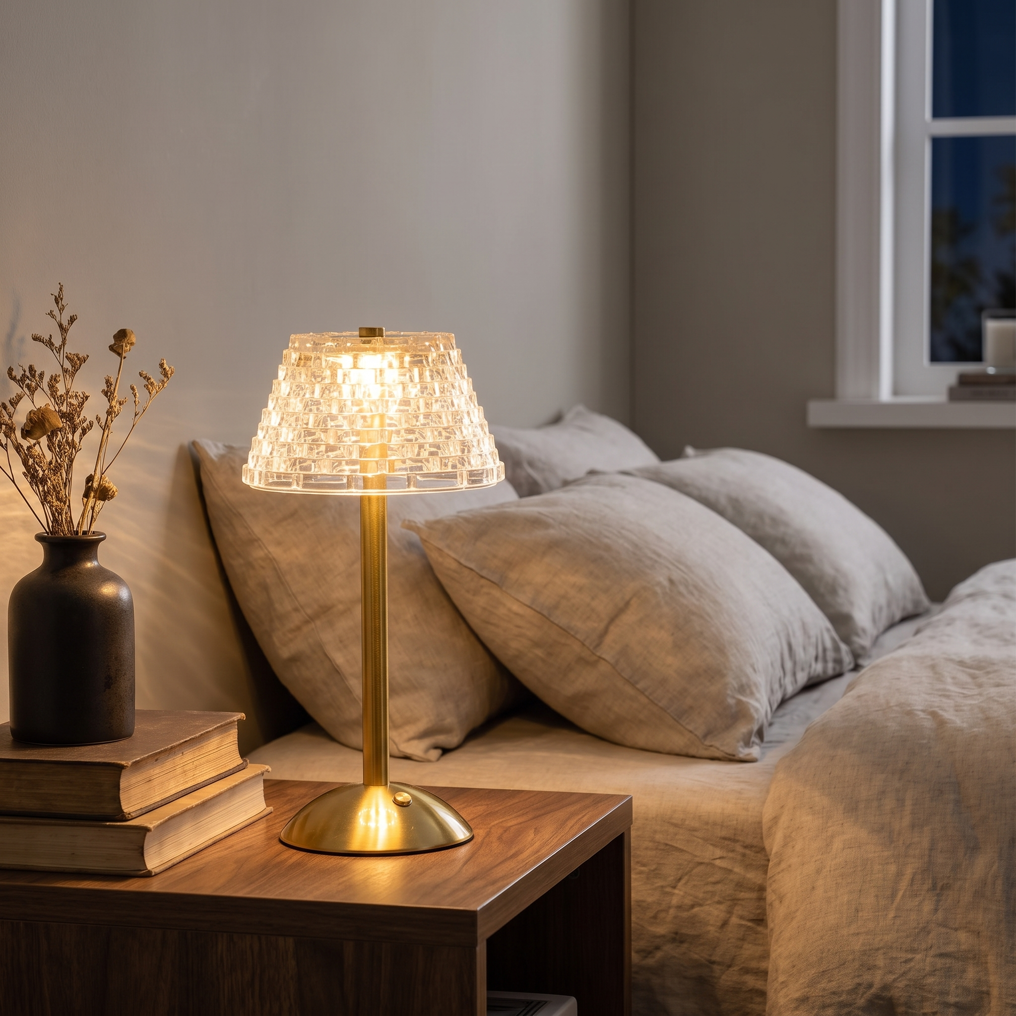 Restfield lamp lit on a bedroom nightstand
