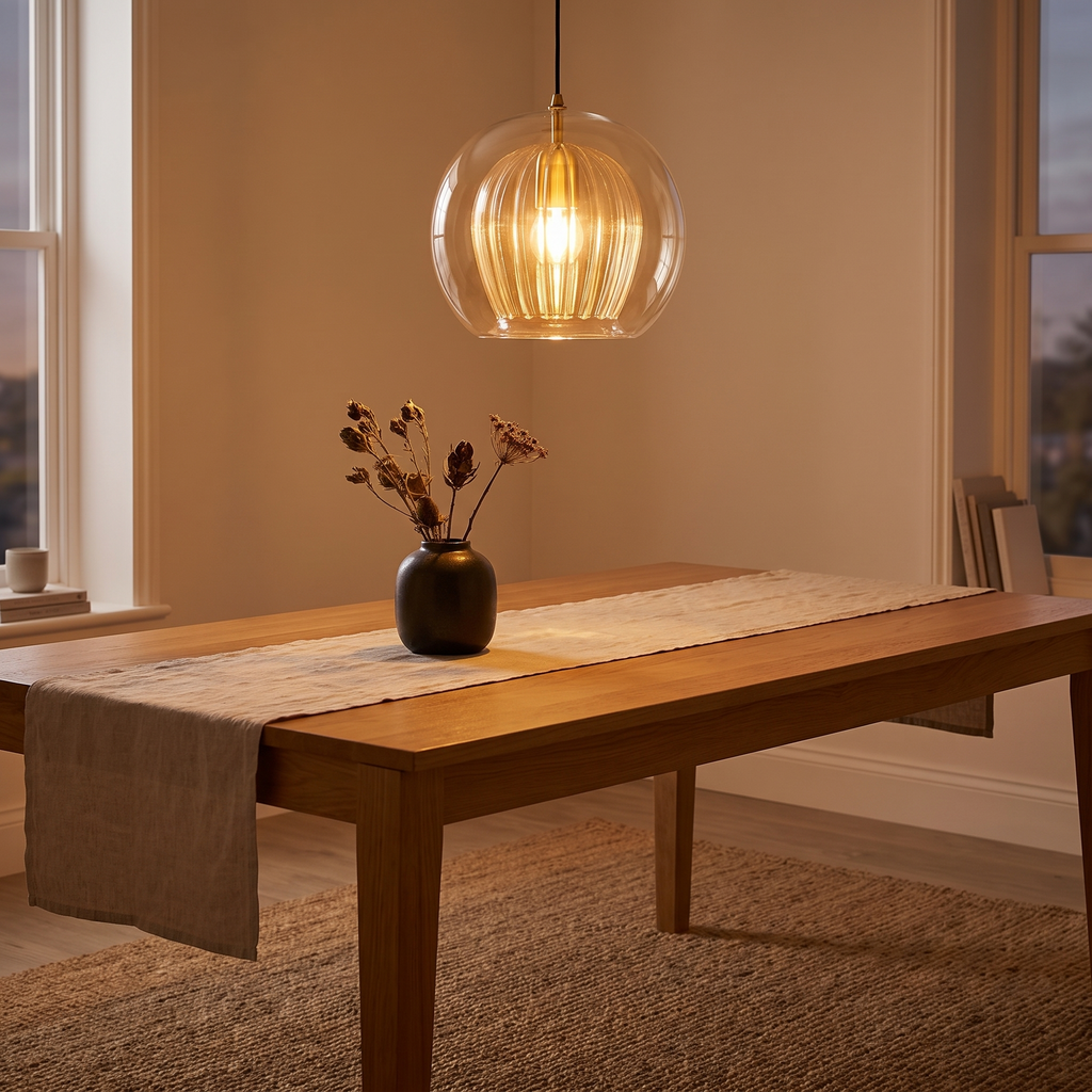 Orbel pendant lit over an oak dining table