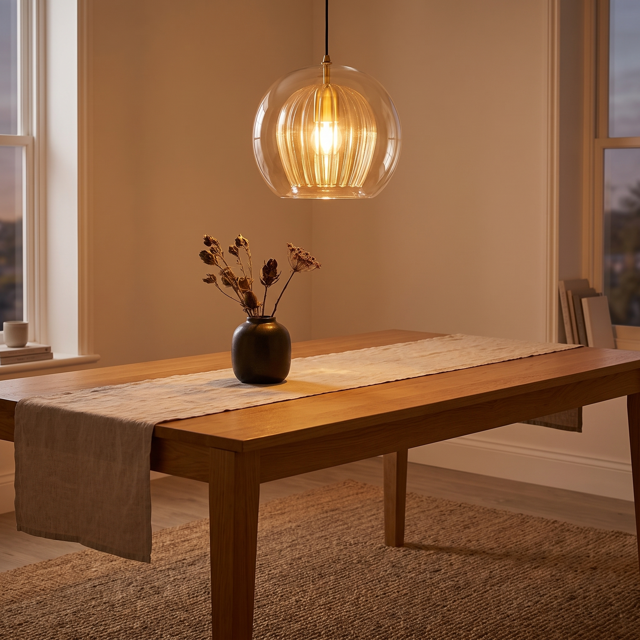 Orbel pendant lit over an oak dining table