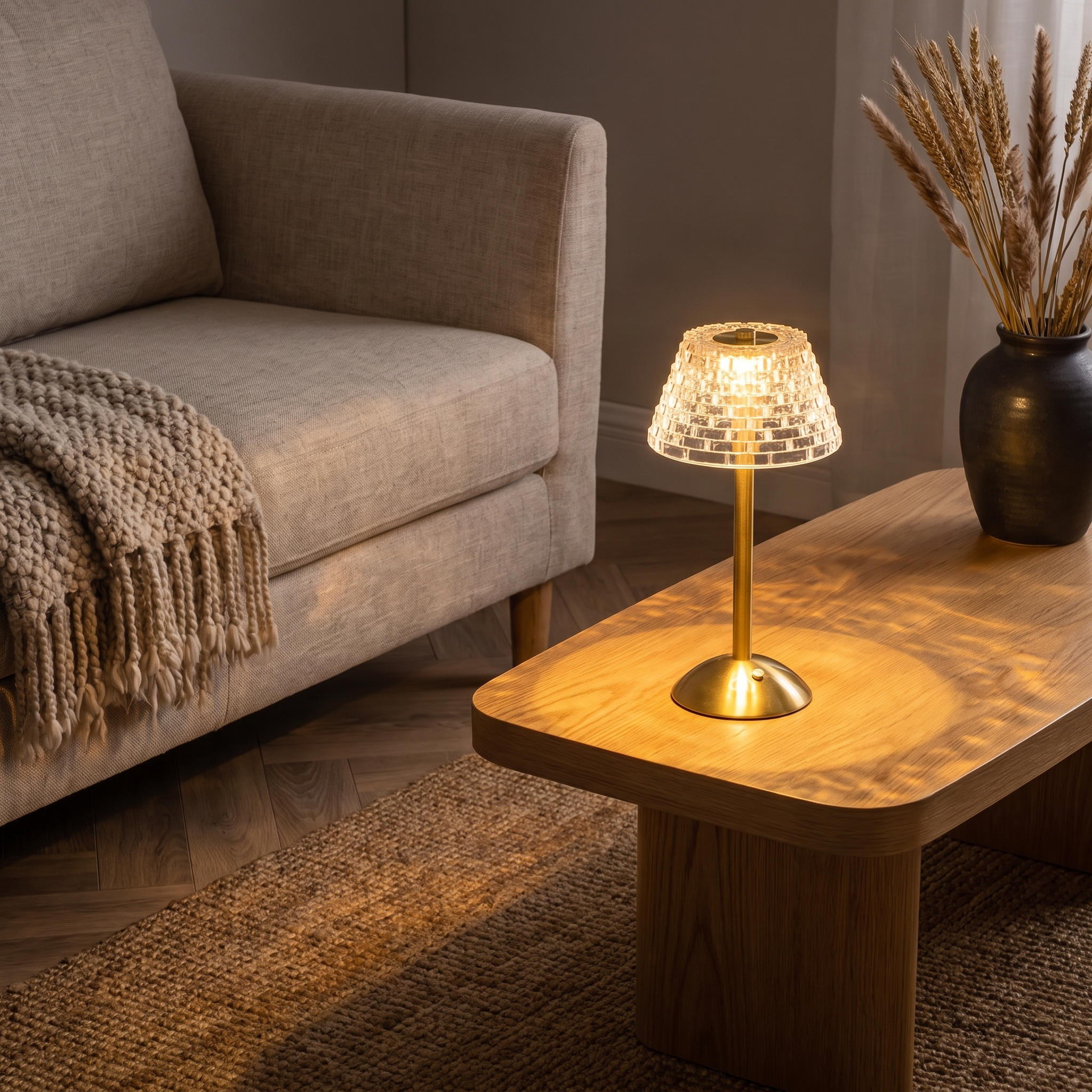 Restfield lamp on a coffee table beside a linen sofa