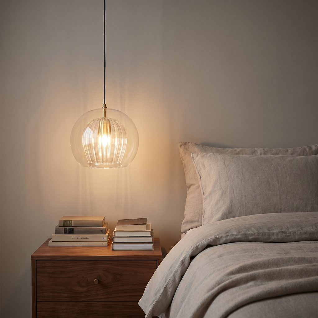 Orbel pendant beside a bed in the evening