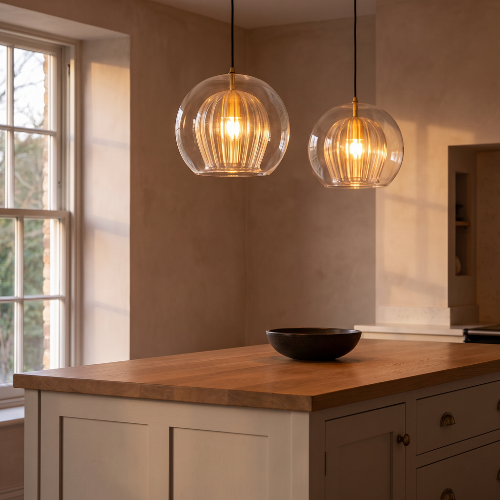 A pair of Orbel pendants over a kitchen island