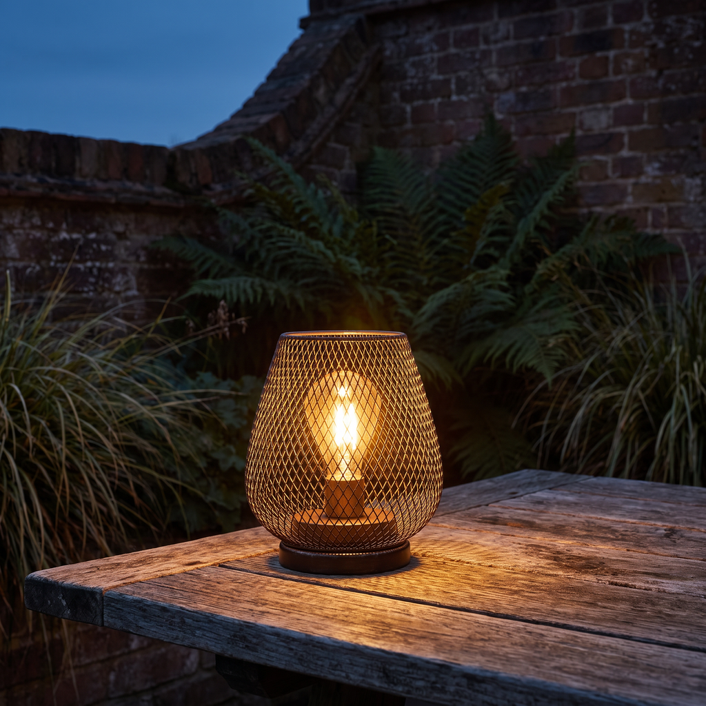 Halden lamp on a garden table after sunset
