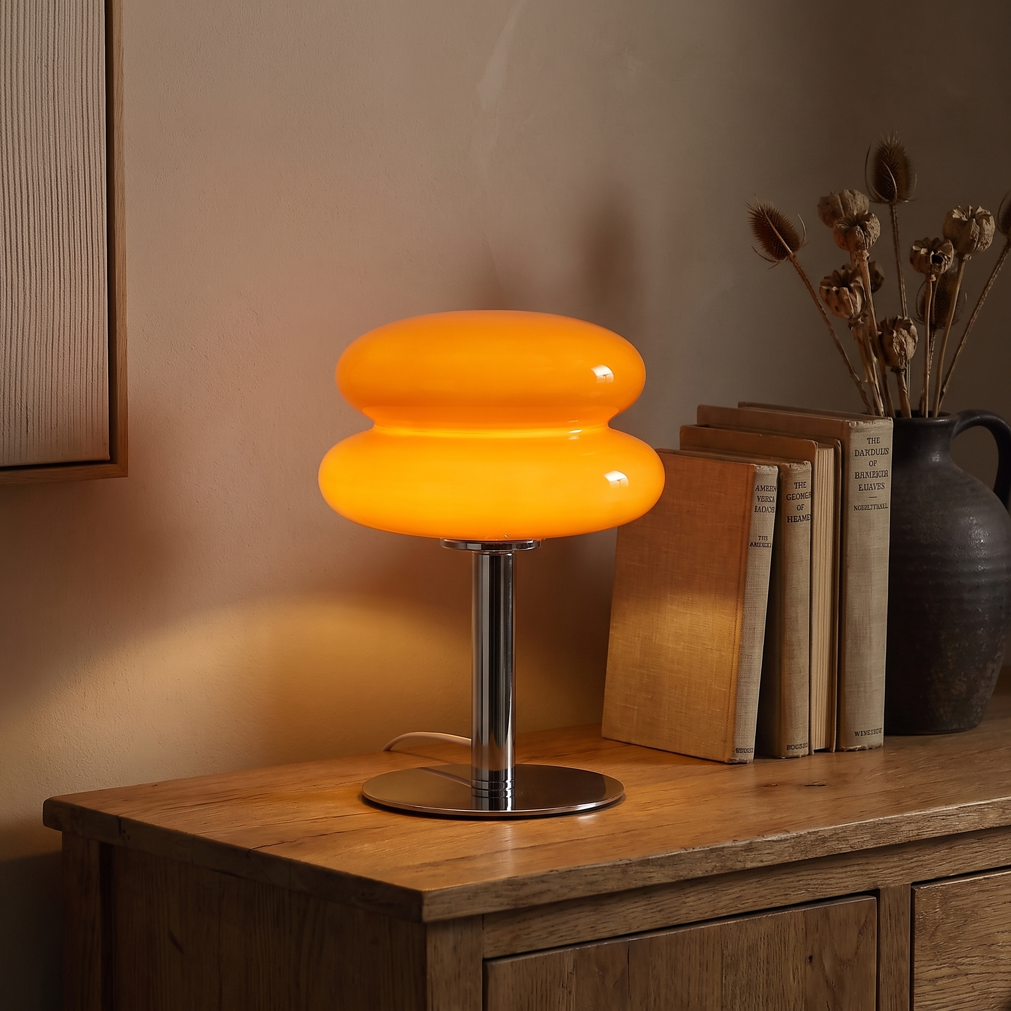 Mira lamp on an oak sideboard at dusk
