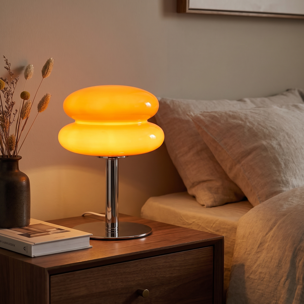 Mira lamp lit on a bedroom nightstand