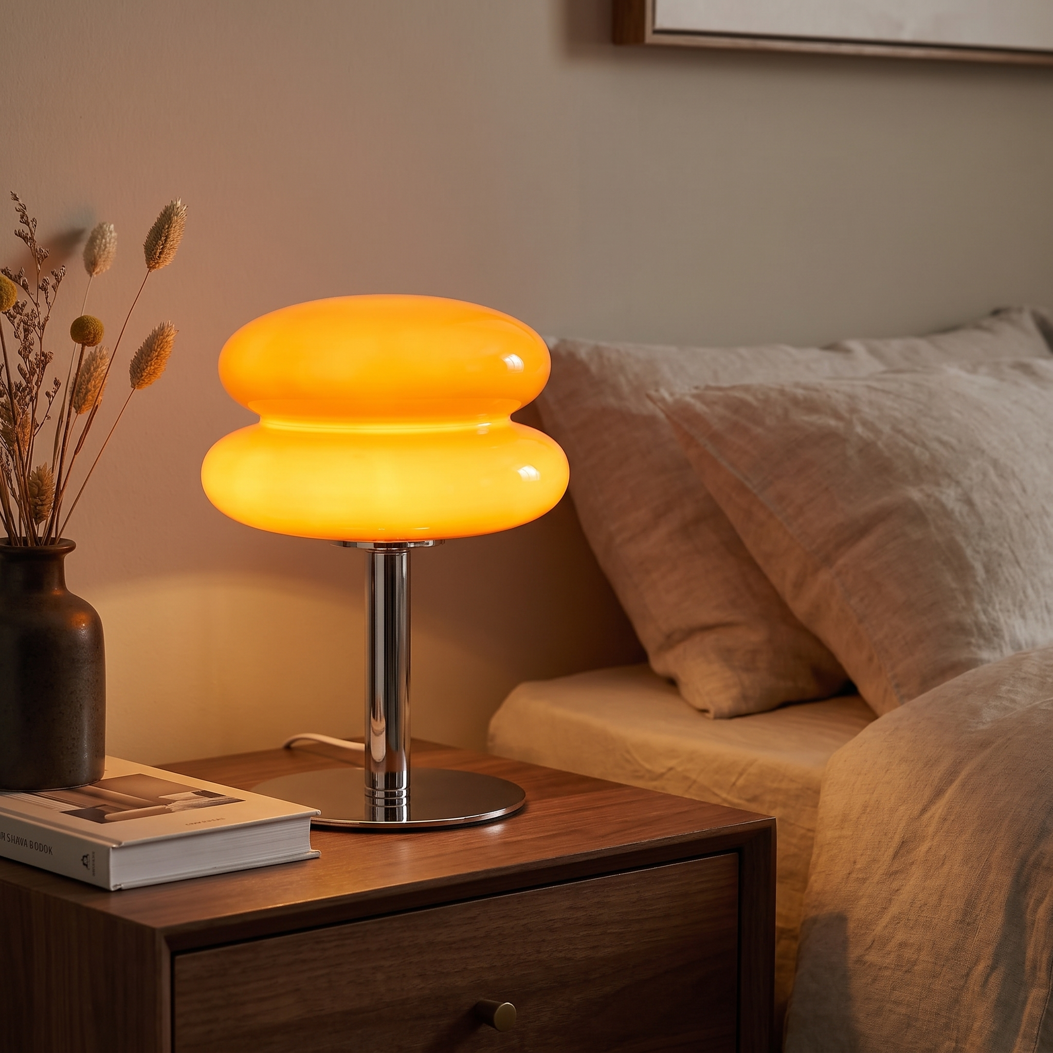 Mira lamp lit on a bedroom nightstand