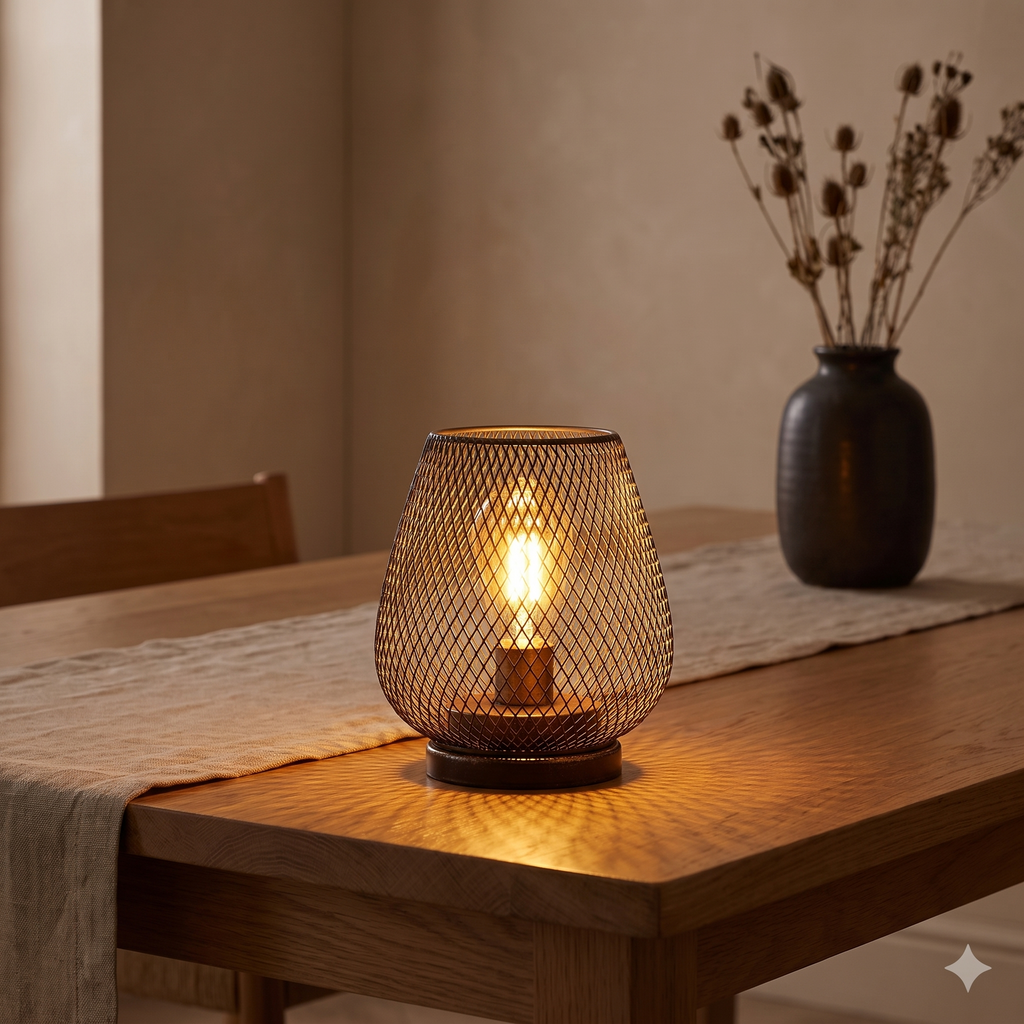 Halden lamp lit on an oak dining table