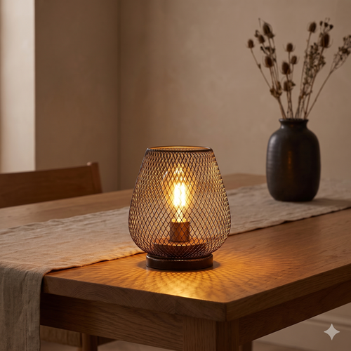 Halden lamp lit on an oak dining table