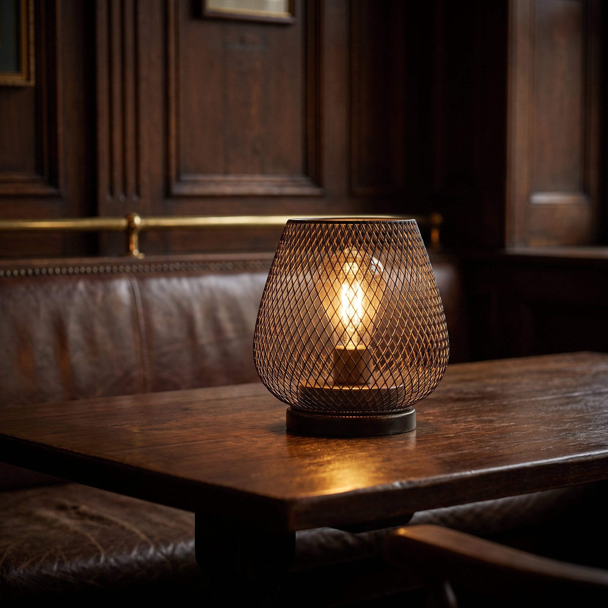 Halden lamp lit on a table inside a traditional British pub